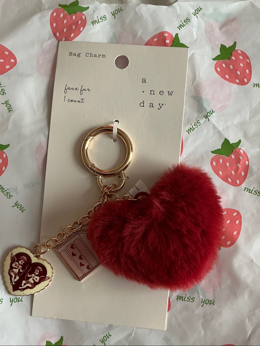 a new day Red Faux Fur Heart Keychain with Gold Charms